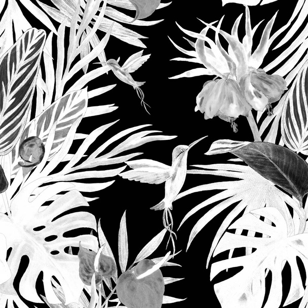 Hawaiian seamless pattern with watercolor tropical illustration on black. Beautiful allover print with hand drawn exotic plants and hummingbirds. - Foto, immagini