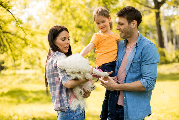 Joyeux jeune famille avec chien de bichon mignon dans le parc - Photo, image