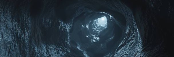 Sci-fi Donkere Grotten Ondergrondse tunnelatmosfeer en stof Scary panorama animatie 3d renderin - Foto, afbeelding