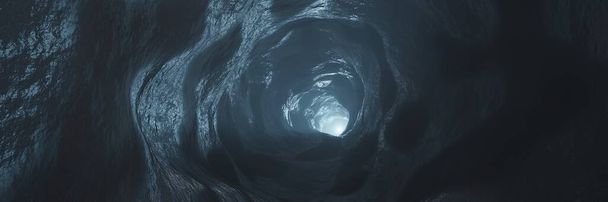 Sci-fi Dark Caves Underground tunnel atmosphere and dust Scary panorama animation 3d renderin - Photo, Image