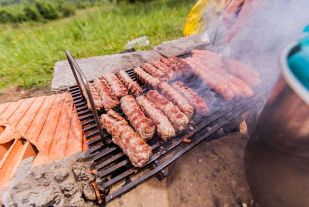 Grilling meat, Barbecue, BBQ party , camping food, outdoor activity - Photo, Image