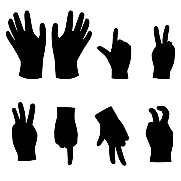 Set of silhouettes of medical gloves. Various gestures with palms. Isolated on white. Hands and wrists. Vector illustration - Vector, Image