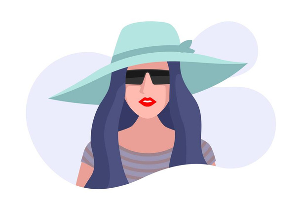 Žena v klobouku. Žena ve slunečních brýlích a zeleném klobouku. Flet styl vektorové ilustrace izolované na bílém bacckground - Vektor, obrázek