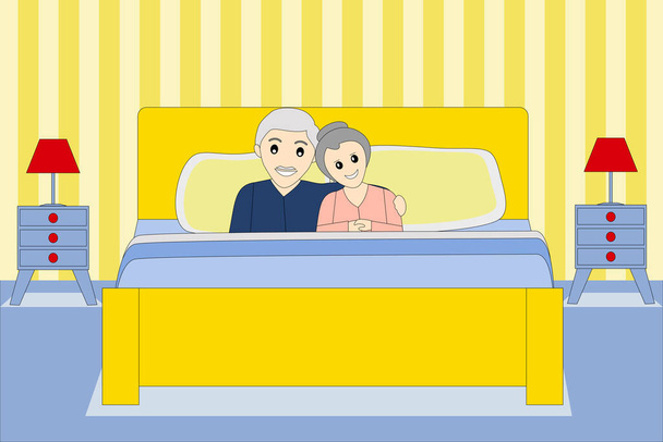 Ένα ευτυχισμένο ζευγάρι ηλικιωμένων στο κρεβάτι. - Διάνυσμα, εικόνα