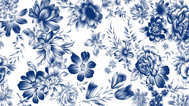 Nahtloses Muster mit Frühlingsblumen und Blättern. Handgezeichneter Hintergrund. Blumenmuster für Tapeten oder Stoff. Blume stieg. Botanische Fliesen. - Foto, Bild