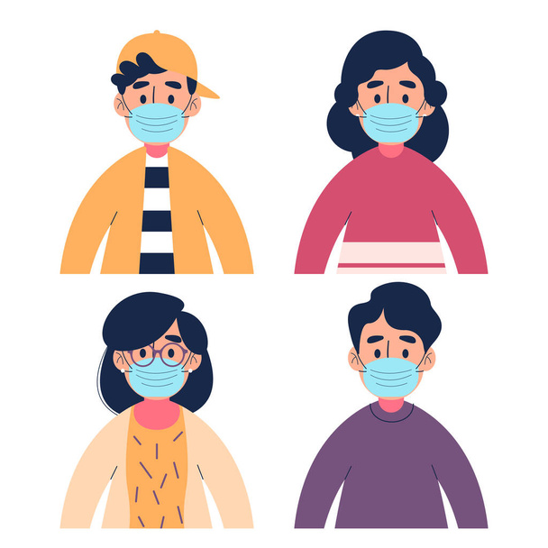 Zestaw postaci ludzi noszących medyczną maskę wektor ilustracji - Wektor, obraz