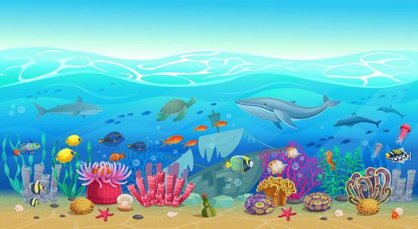 Grand ensemble marin de récifs coralliens avec des algues de poissons tropicaux, une baleine, une pieuvre, une tortue, des méduses, un requin, un poisson pêcheur, un hippocampe, un calmar et des coraux. Illustration vectorielle dans le style dessin animé
. - Vecteur, image