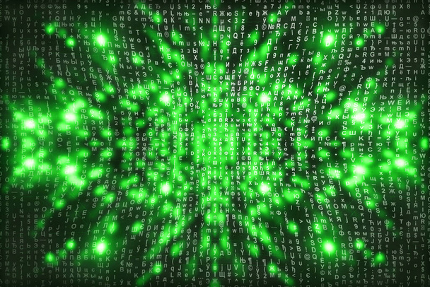 Green matrix digital background. Abstract cyberspace concept. Characters fall down. Matrix from symbols stream. Virtual reality design. Complex algorithm data hacking. Green digital sparks. - Photo, Image