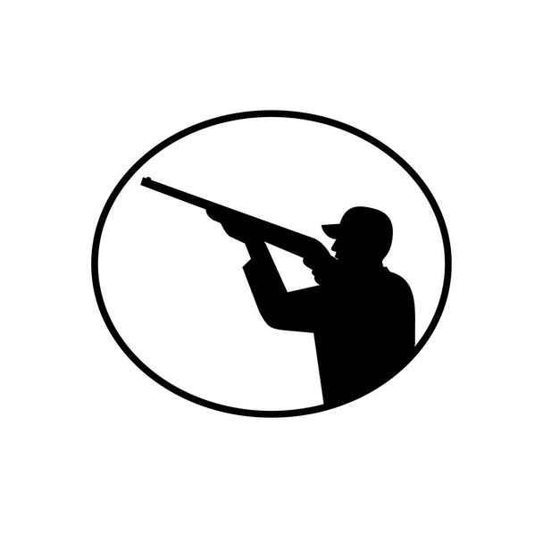 Illustration d'une silhouette d'un chasseur d'oiseaux gibier sauvage avec fusil de chasse visant et tirant vue de côté à l'intérieur ovale sur fond blanc isolé fait dans un style rétro noir et blanc
. - Vecteur, image