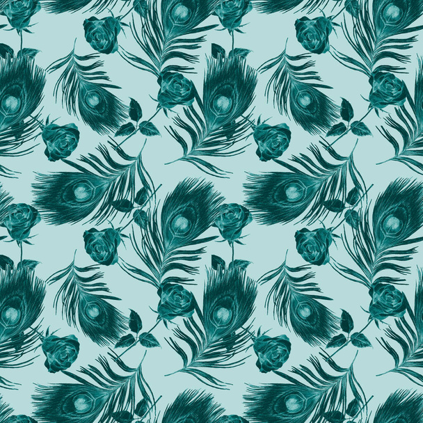 Decorative seamless pattern with beautiful watercolor roses and peacock feathers. Romantic floral print. Vintage style. - Valokuva, kuva