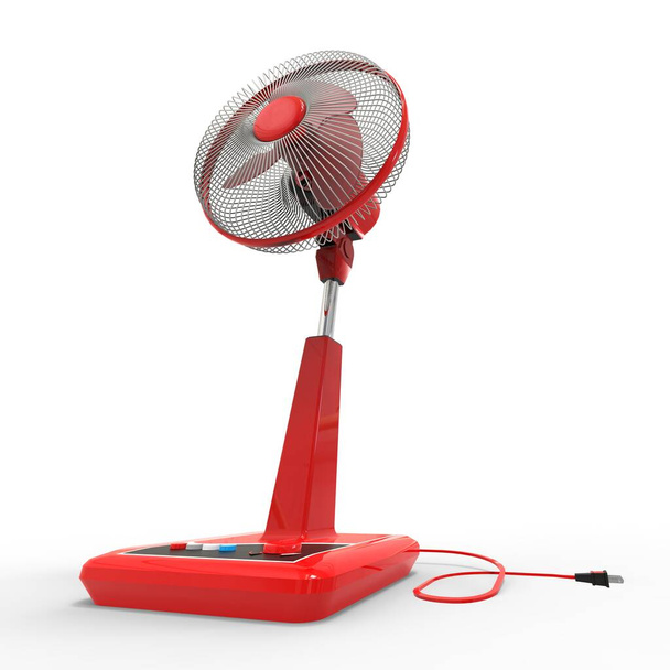 Червоний електричний вентилятор. Тривимірна модель на білому тлі. Вентилятор з кнопками керування на підставці. Простий пристрій для вентиляції повітря. 3d ілюстрація
. - Фото, зображення