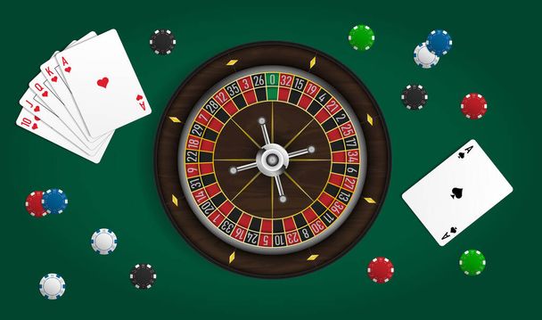Fondo del casino con ruleta, fichas de póquer y cartas de juego sobre fondo verde. Ilustración vectorial
. - Vector, imagen