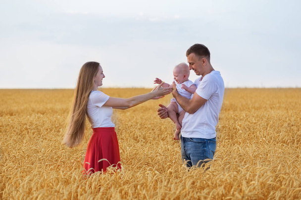Happy young parents playing with baby in field. Mom dad and kid having fun outdoors. - Photo, Image