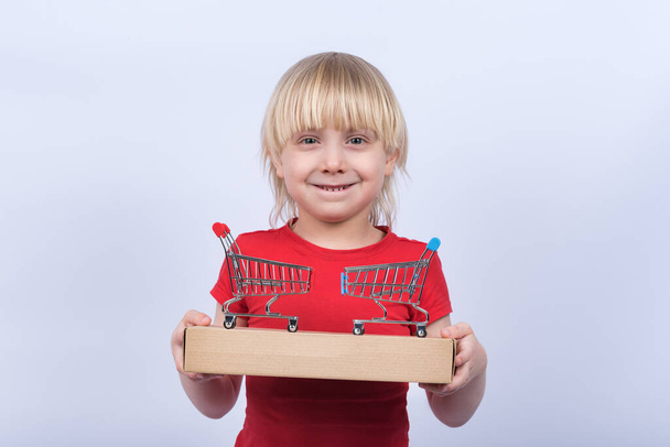 Jongen houdt in de hand doos en twee winkelwagentje en glimlachen. winkelen voor kind - Foto, afbeelding