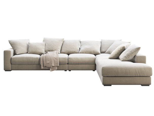 Μοντέρνος μπεζ υφασμάτινος καναπές. Ύφασμα ταπετσαρία γωνιακός καναπές με μαξιλάρια και να ρίξει καρό σε λευκό φόντο. Μεσαίωνας, Μοντέρνο, Loft, Chalet, Σκανδιναβικό εσωτερικό. 3d απόδοση - Φωτογραφία, εικόνα