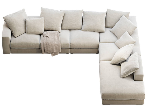 Moderni vaalean beige kangas sohva. Tekstiili verhoilu nurkassa sohva tyynyt ja heittää ruudullinen valkoisella pohjalla. Vuosisadan puolivälissä, Moderni, Loft, Chalet, Skandinavian sisustus. 3d renderointi - Valokuva, kuva