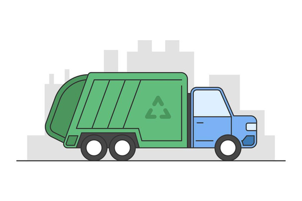 Flacher Müllwagen mit Stadtlandschaft dahinter isoliert auf weißem Hintergrund. Seitenansicht Cartoon Vektor Illustration - Vektor, Bild