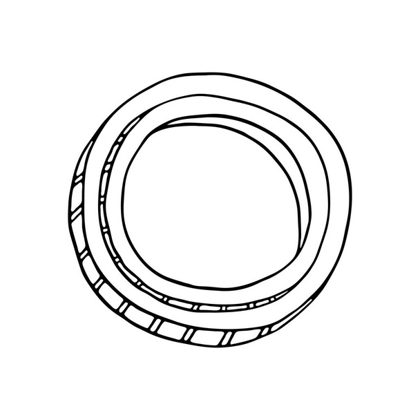 Umriss Zwiebelvektorillustration. Handgezeichnete schwarz-weiße Ringe und Zwiebelscheiben. Frische Zutaten kritzeln Zeichnung - Vektor, Bild