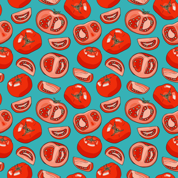 Vector red tomatoes seamless pattern. Hand drawn whole, sliced, half cut fresh tomato vegetables on bright blue background. Food ingredients cartoon texture for package, menu, recipe, kitchen textile - Вектор,изображение