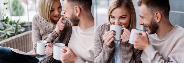 collage of happy girl touching nose of boyfriend and drinking coffee outside  - Фото, изображение