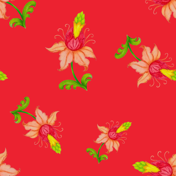 Beautiful seamless pattern with stylized flowers. Botanical summer  print. Hand drawn with colored pencils. - Photo, image