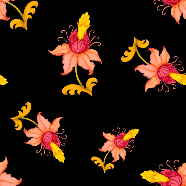 Beautiful seamless pattern with stylized flowers on black. Ornamental background based on ethnic asian patterns. Hand drawn with colored pencils.  - Фото, зображення