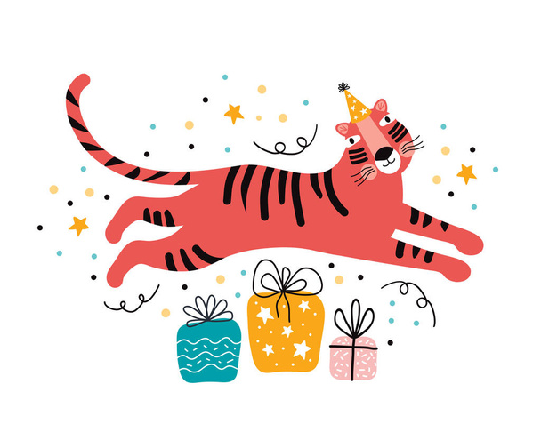 Tiger birthday with gifts. Exotic cat on holiday. Hand drawn cute cartoon tiger character in a festive hat. Jungle animals wild party. Flat vector illustration. Happy birthday greeting card template - Vektör, Görsel