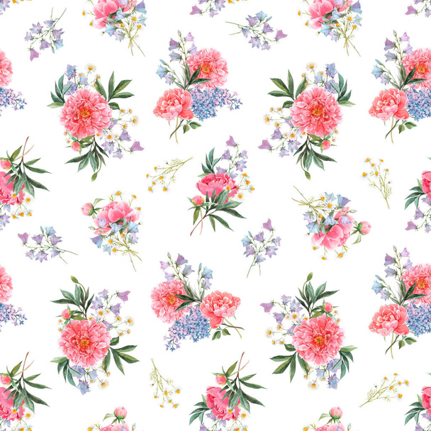 Beautiful seamless floral pattern with watercolor pink peony and other summer flowers. Stock illustration. - Fotó, kép