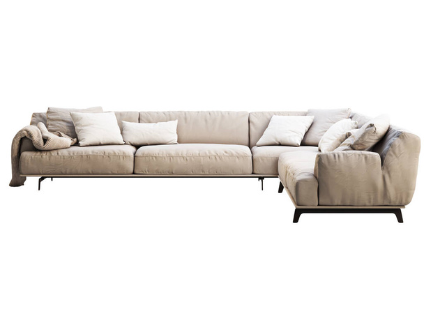Modern világos bézs szövet kanapé. Textil kárpitos sarok kanapé párnákkal és dobja fel a fehér háttér. Század közepe, modern, tetőtér, faház, skandináv belső tér. 3d renderelés - Fotó, kép