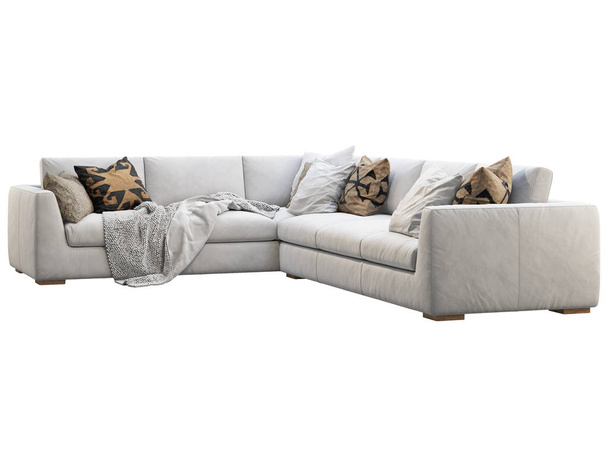 Chalet σπονδυλωτή coner δερμάτινο καναπέ. Δερμάτινος γωνιακός καναπές ταπετσαρίας με μαξιλάρια και καρό σε λευκό φόντο. Μεσαίωνας, Λοφτ, Σαλέ, Σκανδιναβικό εσωτερικό. 3d απόδοση - Φωτογραφία, εικόνα