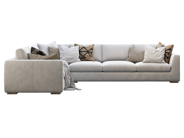 Chalet σπονδυλωτή coner δερμάτινο καναπέ. Δερμάτινος γωνιακός καναπές ταπετσαρίας με μαξιλάρια και καρό σε λευκό φόντο. Μεσαίωνας, Λοφτ, Σαλέ, Σκανδιναβικό εσωτερικό. 3d απόδοση - Φωτογραφία, εικόνα