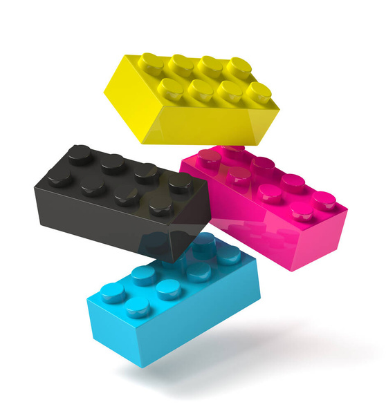 bloques de construcción de juguete 3D de cuatro procesos de impresión cmyk colores cian magenta amarillo negro volando en el aire
 - Foto, Imagen