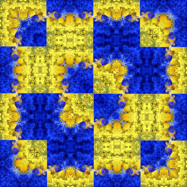 Formes et motifs géométriques en papier bleu inspiré de Matisse avec du jaune représentant les champs de maïs à la récolte avec un ciel bleu sans nuages en format carré
 - Photo, image