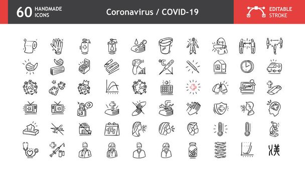 Coronavirus ve COVID-19 simgeleri çok amaçlı, el yapımı, vektör resimleri, düzenlenebilir felçli. - Vektör, Görsel