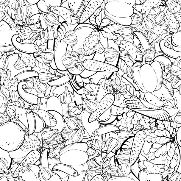 Seamless pattern with vegetables in retro style. Pumpkin, tomato, garlic, eggplant, cucumber, corn, peas, beet, carrot, broccoli, bell pepper and chili - ベクター画像