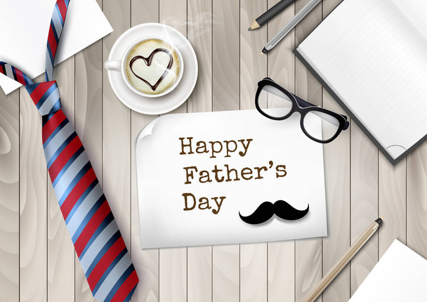 Happy Holiday Fathers Day Background. Colorful Tie and Glasses, Office Supplies and Moustache  on wooden office table desk. Vector illustration. - Вектор,изображение