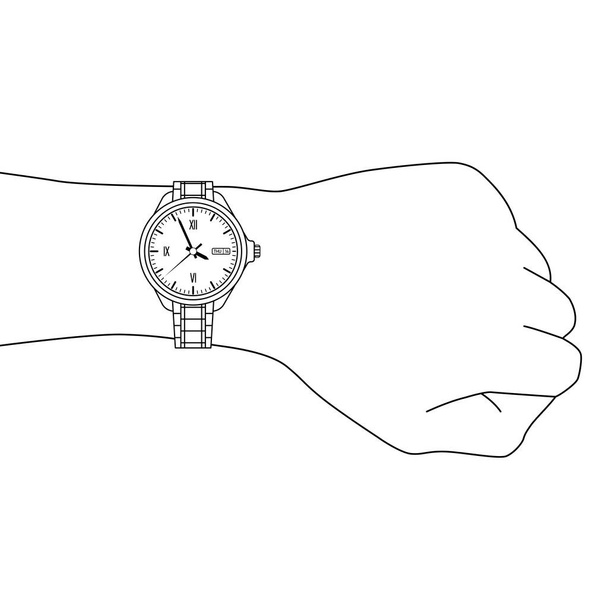 Outline classical stylish man wristwatch on hand. Vector flat illustration on white background - Wektor, obraz
