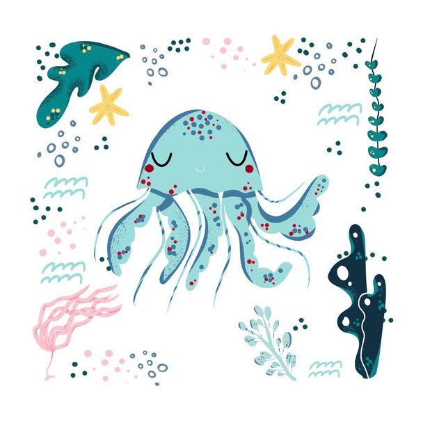 Jelyfish χαριτωμένο doodle χέρι επέστησε επίπεδη διανυσματική απεικόνιση. Άγρια θαλάσσια ζώα διάνυσμα, αφίσα floral φόντο. Κλάδοι χόρτου με φύλλα, λουλούδια και κηλίδες σχεδιαστικό στοιχείο. Θάλασσα, ωκεανός, θάλασσα - Διάνυσμα, εικόνα