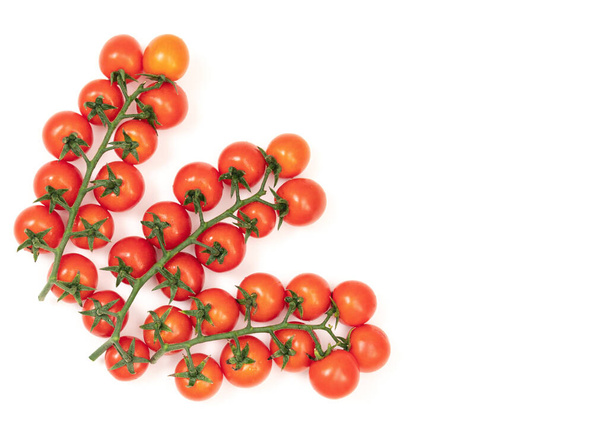 Una rama de tomates rojos cereza sobre un fondo blanco. Las verduras pequeñas y jugosas son ricas en vitaminas y oligoelementos. Comida saludable. Verduras frescas y ecológicas. Alimentos crudos
. - Foto, Imagen