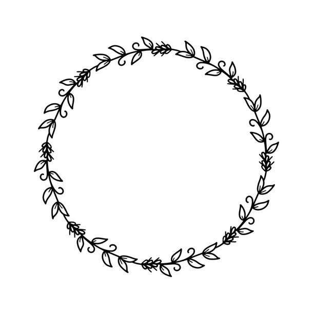 Beautiful doodle style wreath made of spikelets and twigs on a white background. Monochrome vector illustration of a round frame with place for text. Isolated object for print, invitation cards.  - Vector, Image