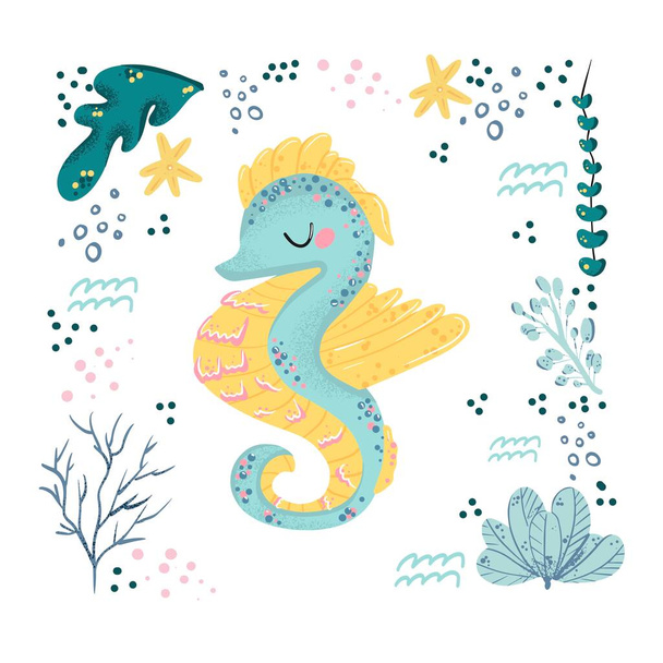 Seahorse cute doodle hand drawn flat vector illustration. Wild sea marine animal vector, poster floral background. Grass branches with leaves, flowers and spots design element. Sea, ocean, marine. - Vector, Image