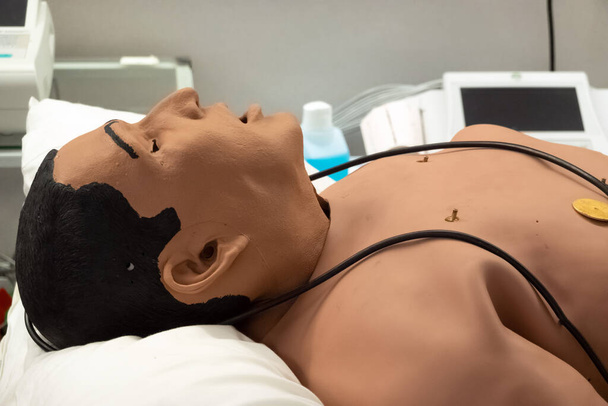 Απινιδωτής σε κούκλα για εξάσκηση. Η κούκλα της CPR για εκπαίδευση στο νοσοκομείο. Εκπαίδευση πρώτων βοηθειών για φοιτητές ιατρικής - Φωτογραφία, εικόνα