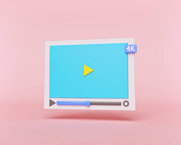 創造的な最小のスタイル4kビデオメディアプレーヤーインターフェイスは、パステルレッドの背景に隔離されました。ソーシャルメディア、バナー、ポスター、ウェブサイト用のデザイン。3Dレンダリング - 写真・画像