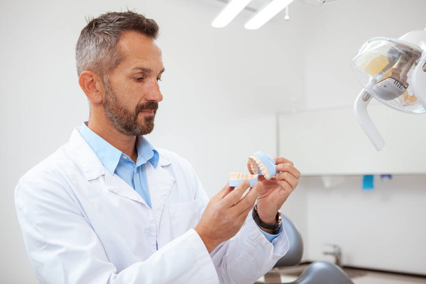 Atraente maduro dentista masculino examinando molde de mandíbula, trabalhando em sua clínica
 - Foto, Imagem