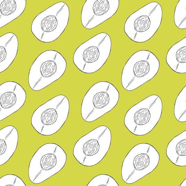 Avocado seamless pattern on a yellow background. Botanical illustrations in the engraving style. Tropical plant. - Wektor, obraz