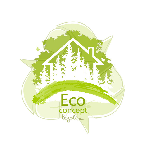 Ház és fa elszigetelt fehér háttérrel. Logo design sablon fa és ház. Környezetbarát világ. Az ökológia vektoros illusztrációja az infó grafika fogalma. Újrafeldolgozás. - Vektor, kép