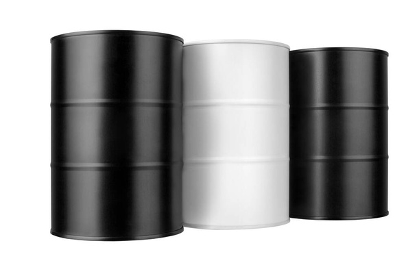 Three black and white metal barrels isolated close up, oil drum, steel keg, tin canister, blank closed food or paint can, aluminium cask, petroleum storage packaging, fuel container, gasoline tank - Photo, Image