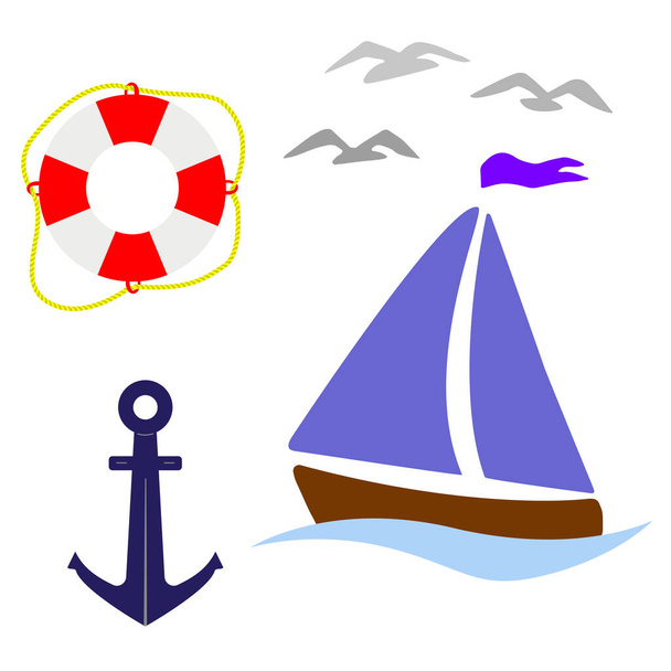 Illustrazione vettoriale. Un insieme di elementi marini isolati su uno sfondo bianco. Barca a vela, ancora, ancora di salvataggio, gabbiani
. - Vettoriali, immagini