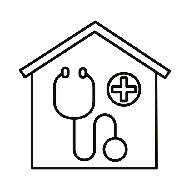 maison avec croix médicale et stéthoscope style ligne
 - Vecteur, image