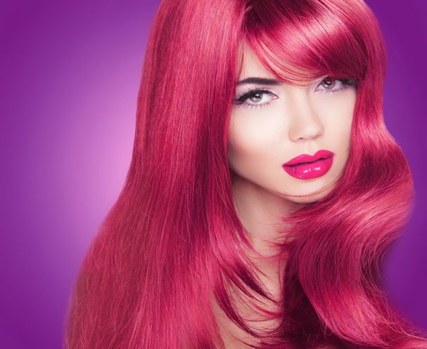 Red Long Glossy hair. Beautiful Fashion Woman Portrait. Bright M - Фото, изображение
